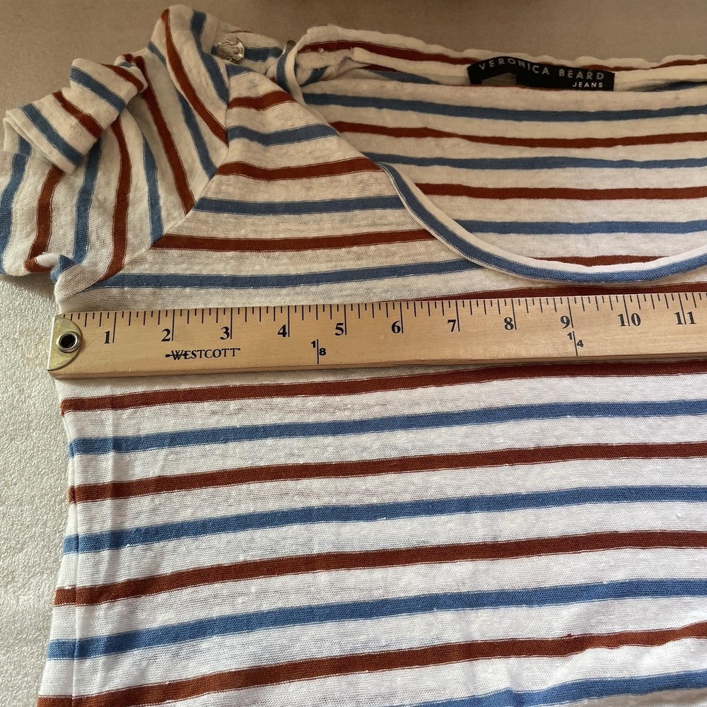 Veronica Beard Benji Striped Linen T Shirt Women XS Rust Blue Striped Oversized - Picture 5 of 10